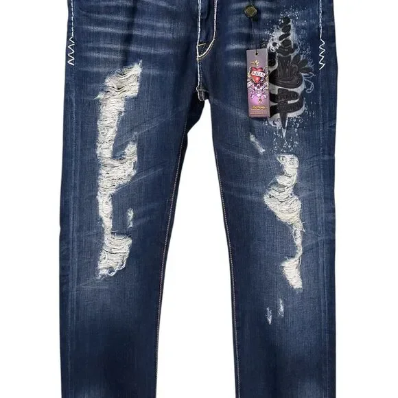 Ed Hardy Christian Audigier Boyfriend Jeans Womens Blue Dark Wash Embellished 30